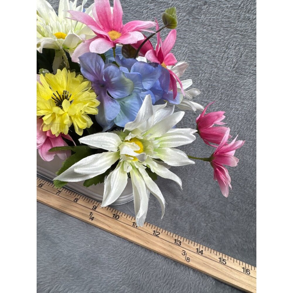 Artificial Floral Arrangement In White Metal Planter Pink Yellow Blue & White - Picture 5 of 5